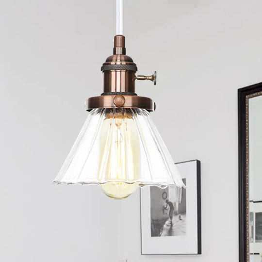 Height-Adjustable 1-Light Industrial Conic Pendant Lamp With Amber/Clear Glass For Coffee Shops -