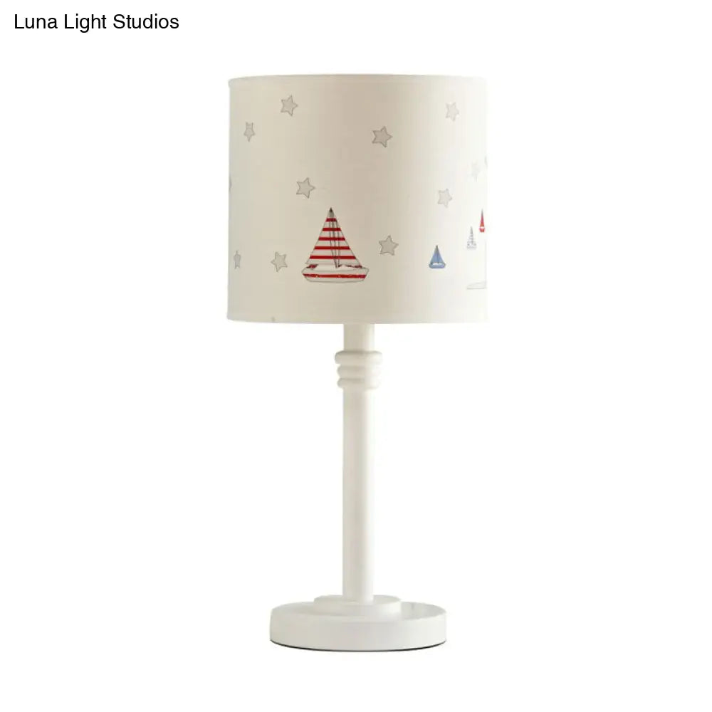 Hélène - Cartoon White Table Lamp With Drum Patterned Fabric Shade