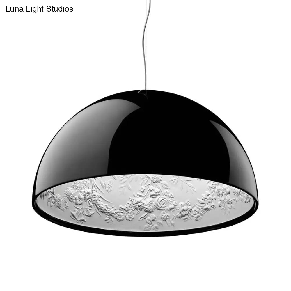 Black/White Hemispherical Resin Pendulum Light Industrial Pendant Lamp With Carved Rose - Single