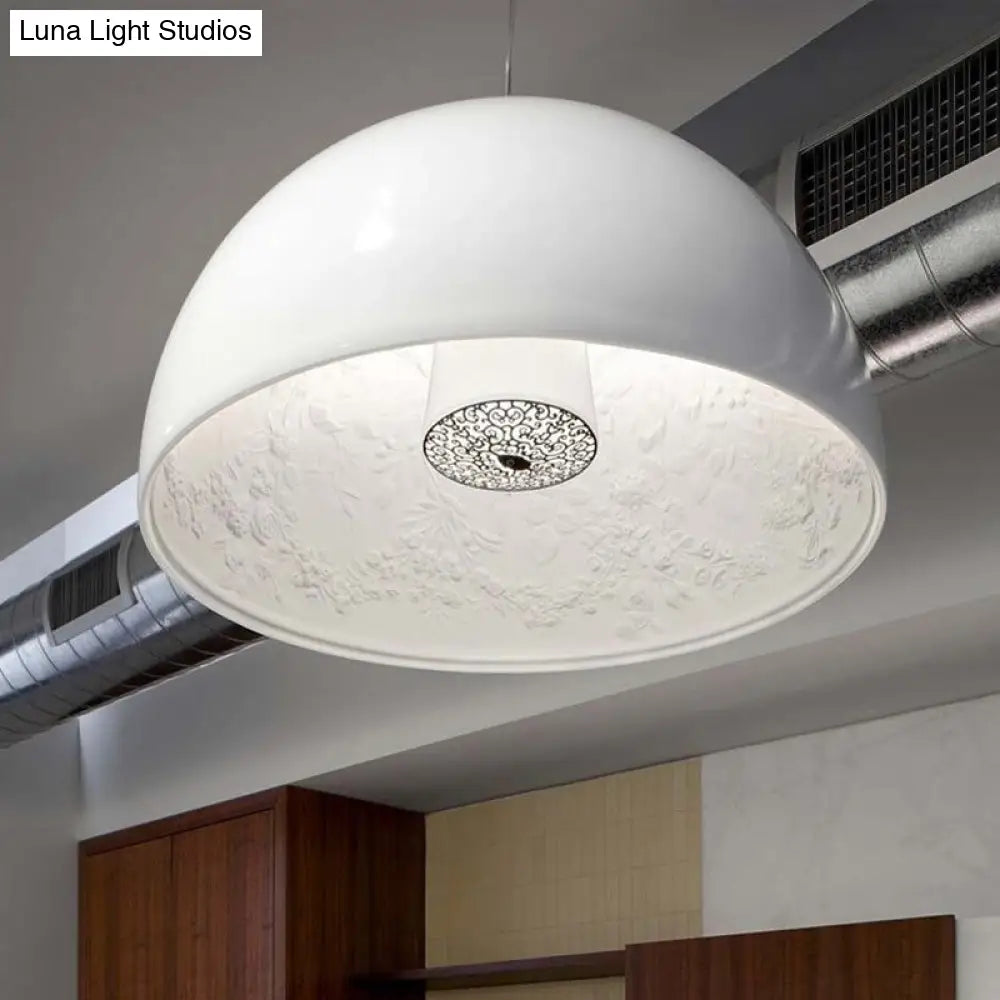 Black/White Hemispherical Resin Pendulum Light Industrial Pendant Lamp With Carved Rose - Single