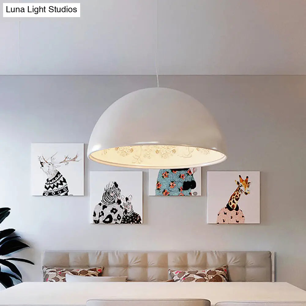 Black/White Hemispherical Resin Pendulum Light Industrial Pendant Lamp With Carved Rose - Single