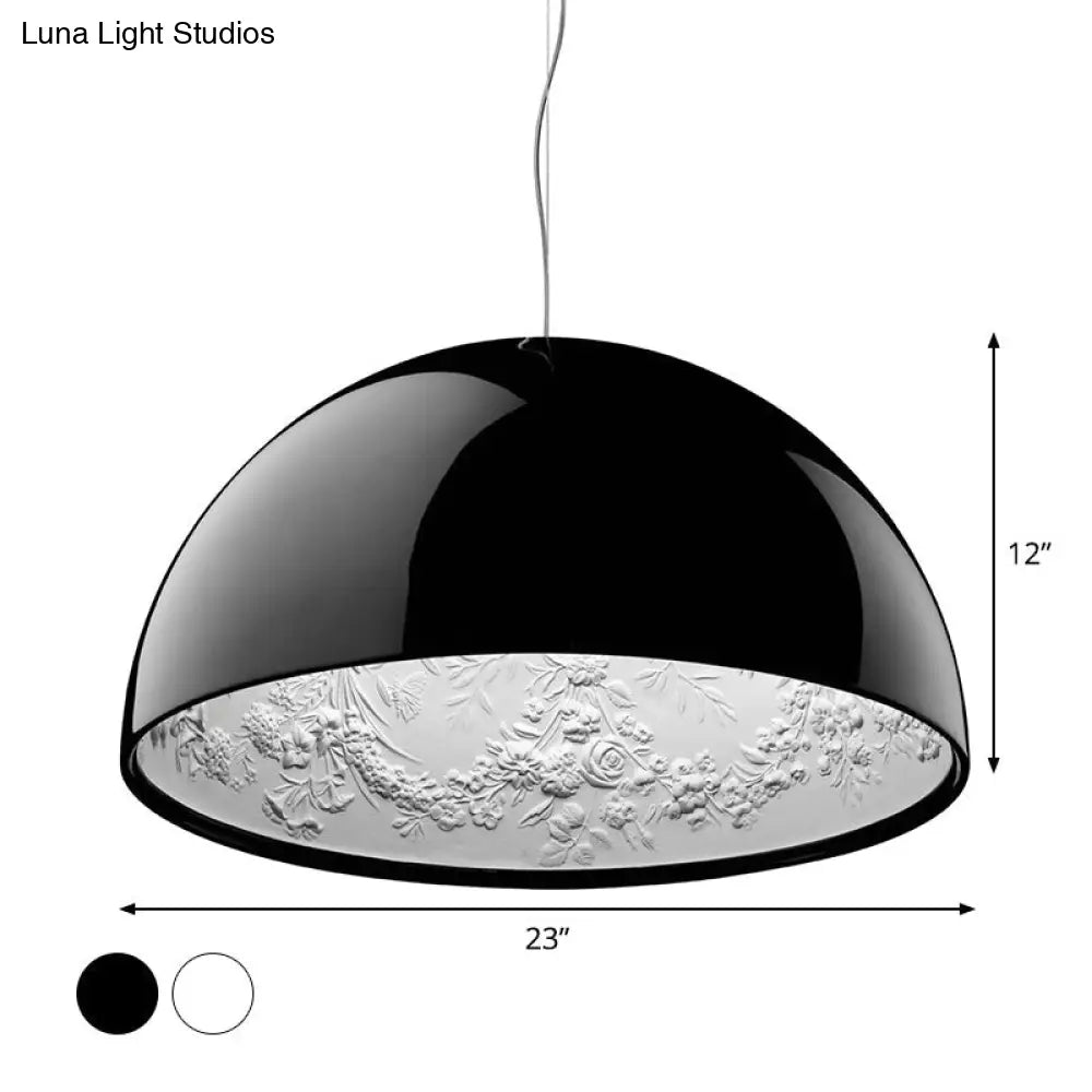 Black/White Hemispherical Resin Pendulum Light Industrial Pendant Lamp With Carved Rose - Single