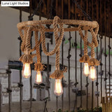 Hemp Rope Brown Pendant Chandelier - 6-Light Countryside Ceiling Light For Restaurant
