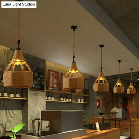 Hemp Rope Caged Pendant Light - Vintage Single-Bulb Hanging Fixture For Restaurants In Brown