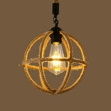 Hemp Rope Caged Pendant Light - Vintage Single-Bulb Hanging Fixture For Restaurants In Brown / B