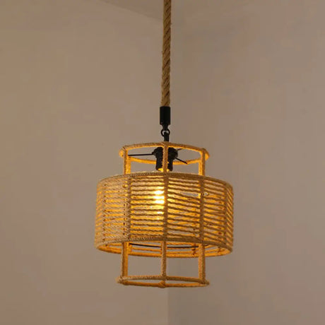 Hemp Rope Caged Pendant Light - Vintage Single-Bulb Hanging Fixture For Restaurants In Brown / C