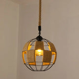 Hemp Rope Caged Pendant Light - Vintage Single-Bulb Hanging Fixture For Restaurants In Brown / L