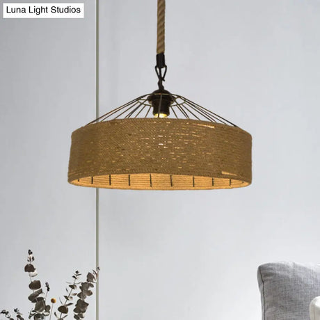 Hemp Rope Drum Pendant Light Country Style 12’/16’ Wide 1-Head Restaurant Hanging Lamp Beige