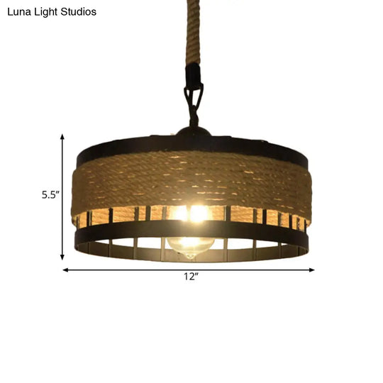 Hemp Rope Drum Suspended Light - Country Style Hanging Lamp (12/16) Beige