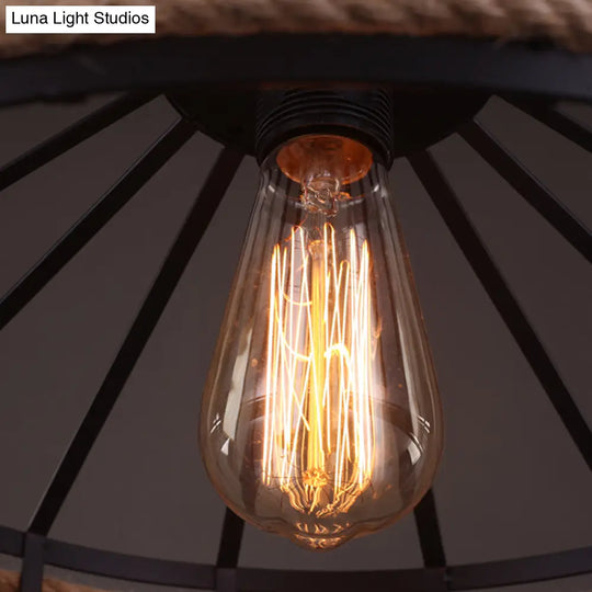Hemp Rope Hanging Yurt Lamp: Vintage Single-Bulb Pendant For Restaurant Lighting Black