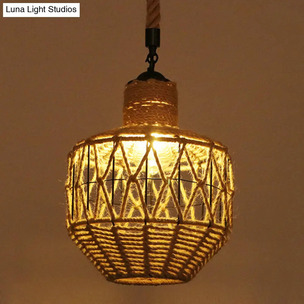 Industrial Hemp Rope Caged Ceiling Pendant Light With Flaxen Finish - Ideal For Restaurants / H