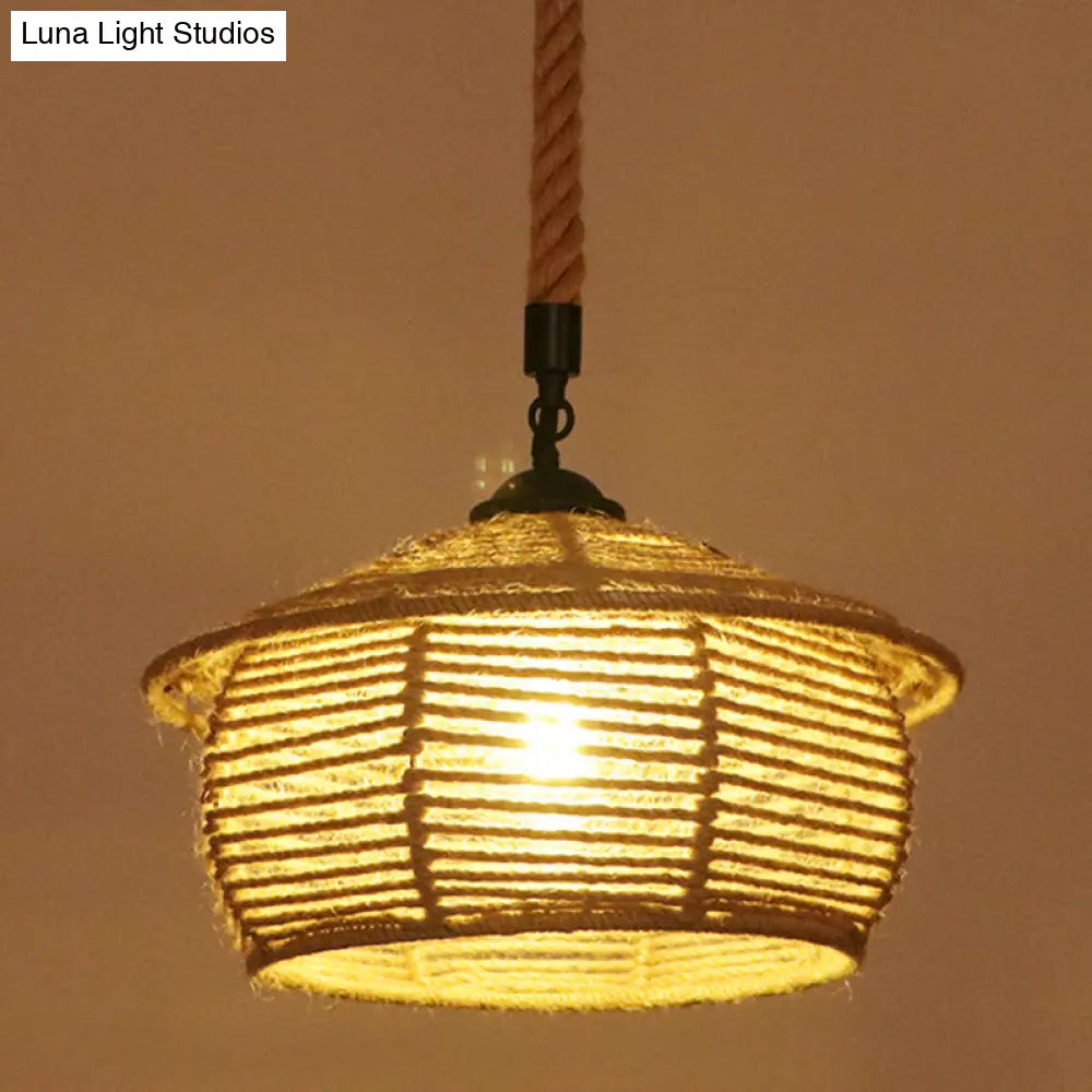 Industrial Hemp Rope Caged Ceiling Pendant Light With Flaxen Finish - Ideal For Restaurants / I