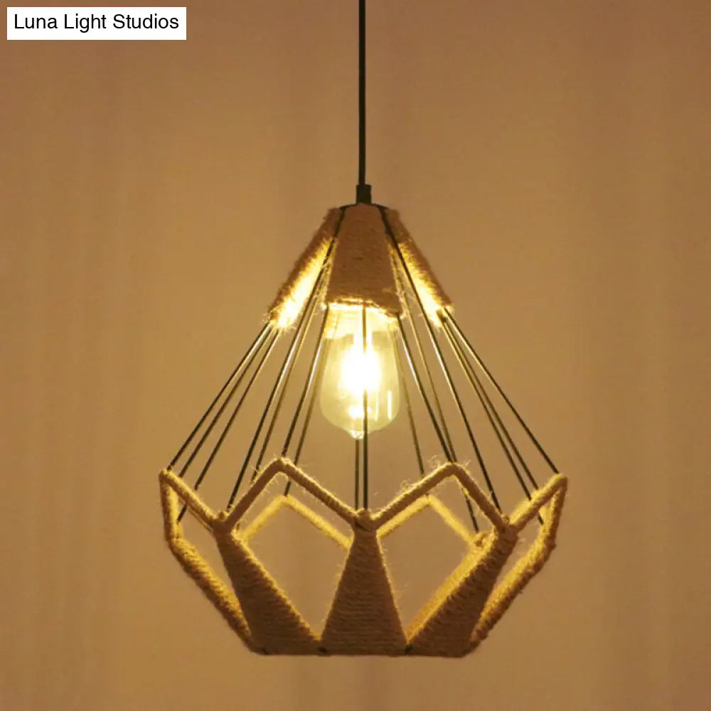 Industrial Hemp Rope Caged Ceiling Pendant Light With Flaxen Finish - Ideal For Restaurants / G