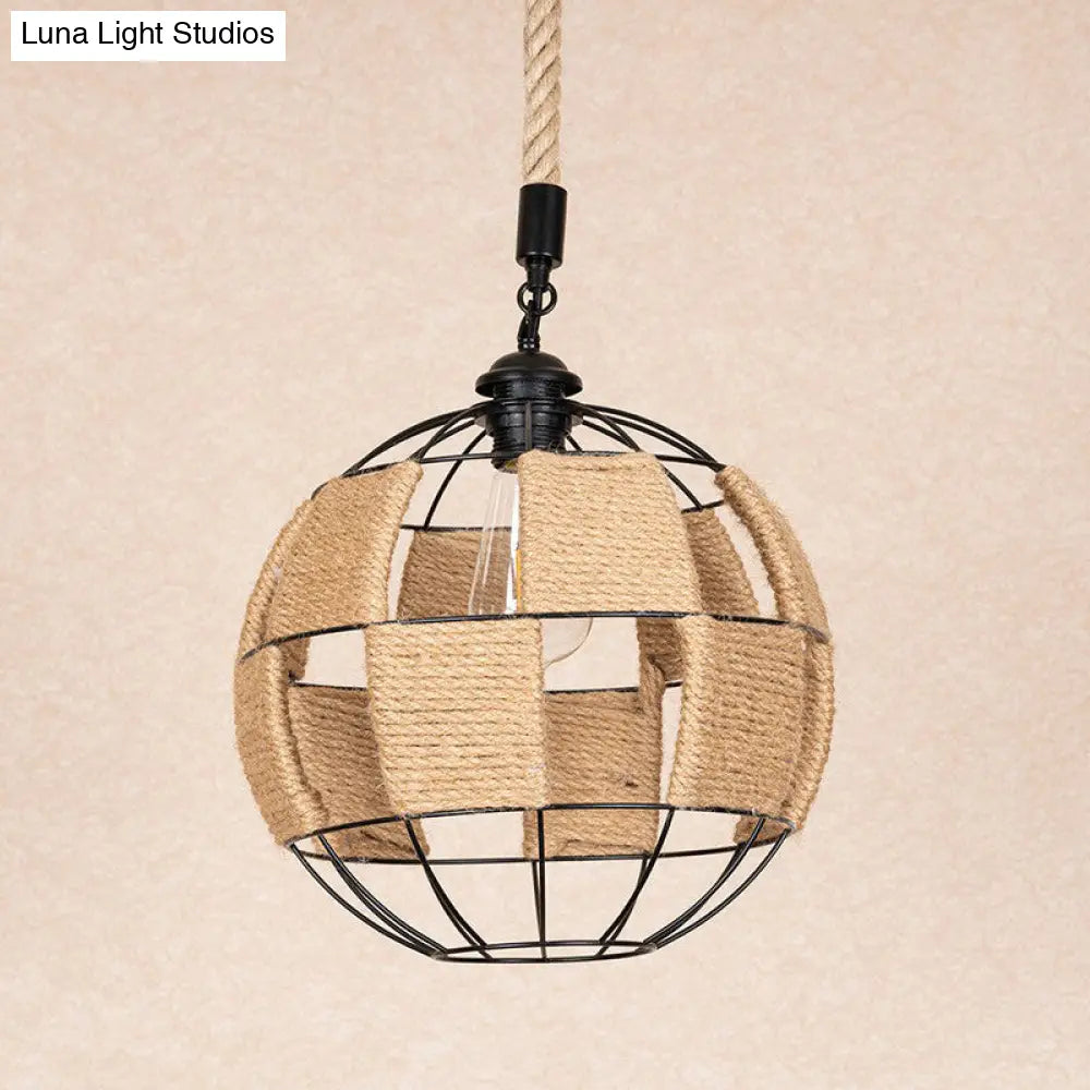 Cottage Style Brown Globe Hemp Rope Pendant Lamp - Aisle Ceiling Light