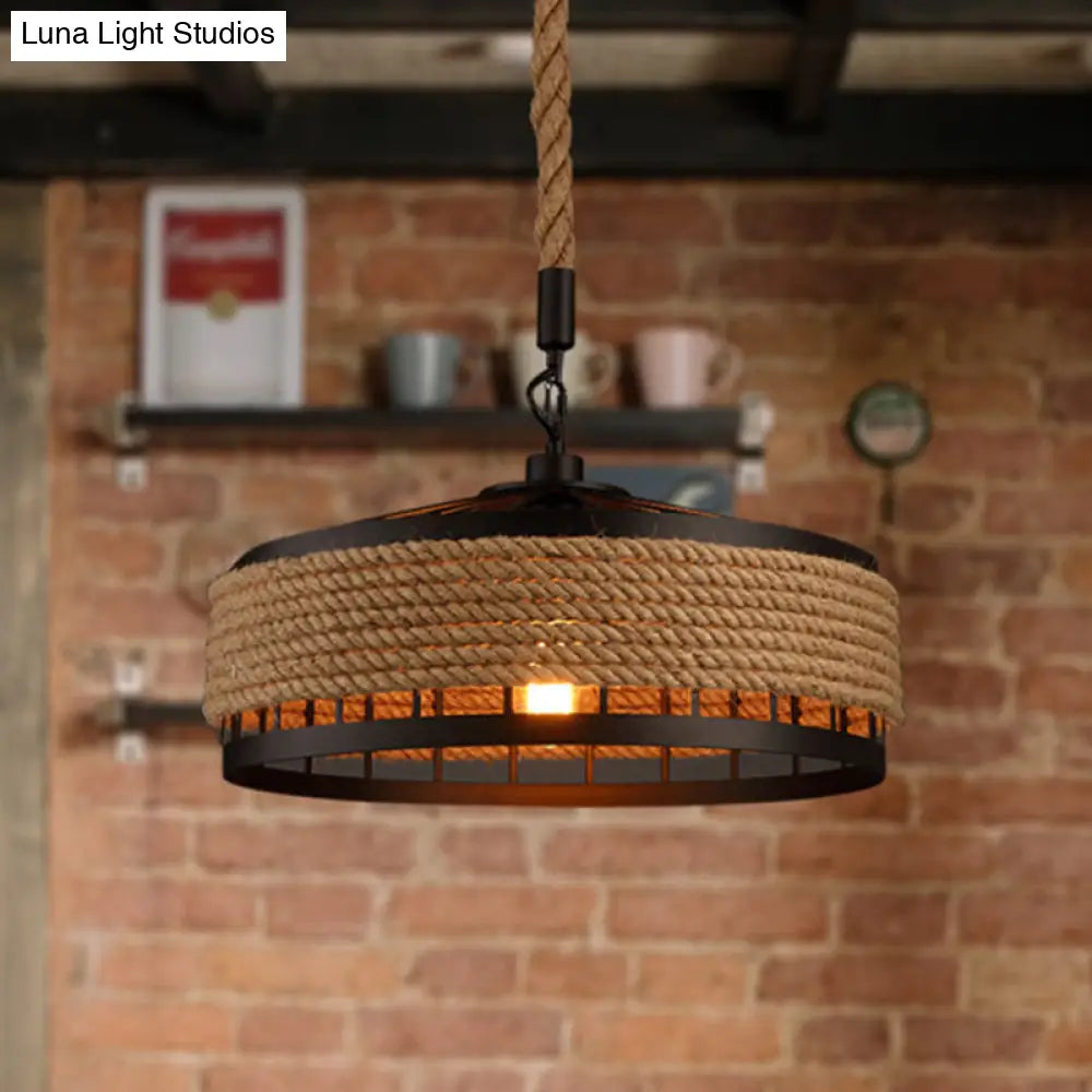 Hemp Rope Yurt Hanging Light - Rustic Pendant Fixture In Black