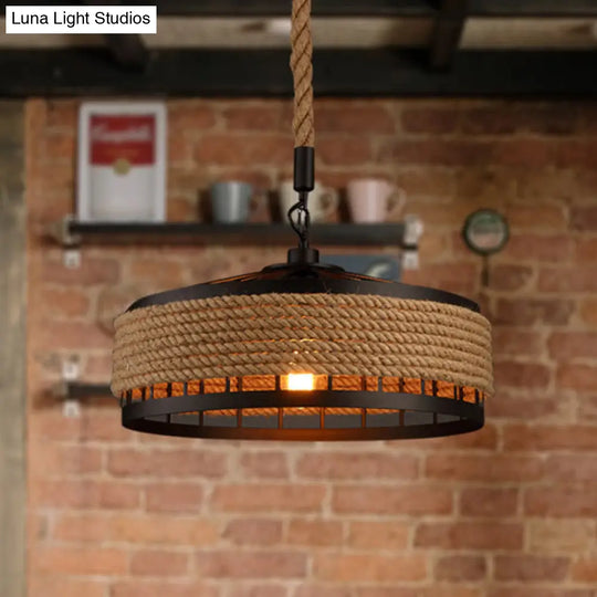Hemp Rope Yurt Hanging Light - Rustic Pendant Fixture In Black