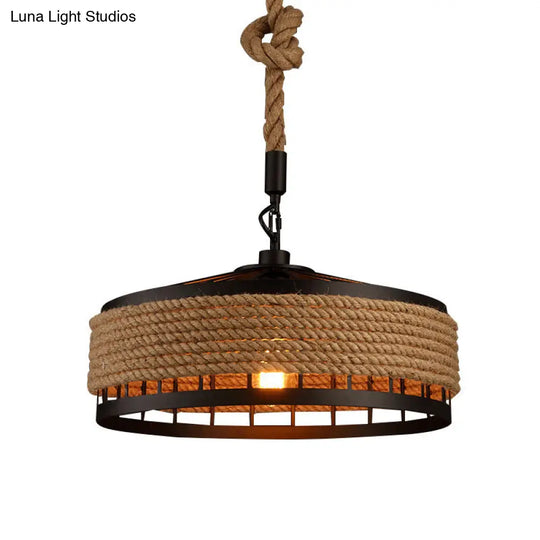 Hemp Rope Yurt Pendant Light Fixture For Rustic Restaurants - Black / 12