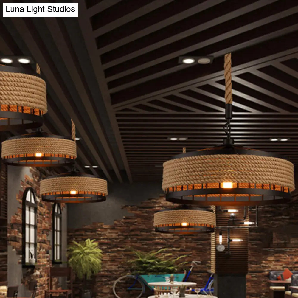 Hemp Rope Yurt Hanging Light - Rustic Pendant Fixture In Black