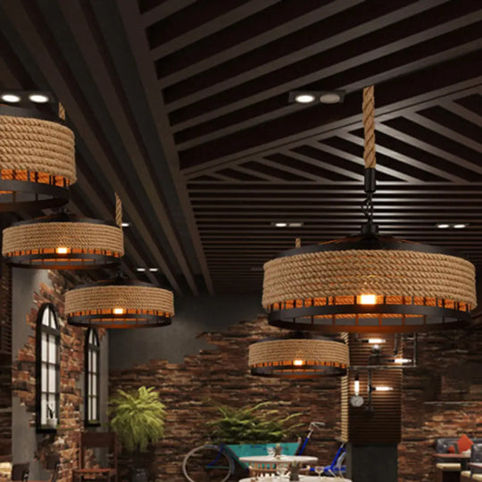 Hemp Rope Yurt Pendant Light Fixture For Rustic Restaurants - Black