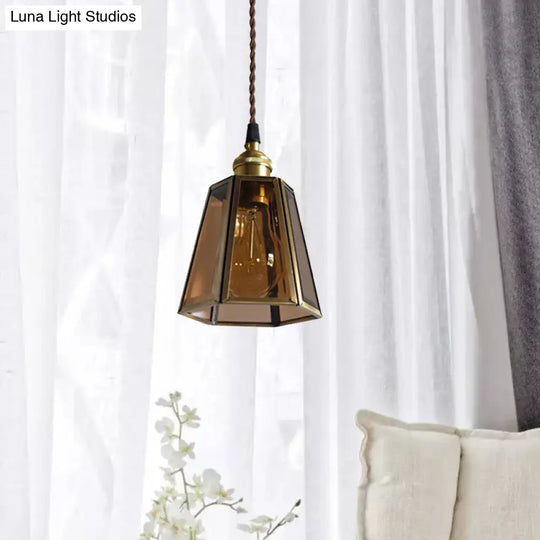 Hexagon Drop Pendant Light In Clear/Amber Glass - Antiqued Brass Finish 1 Head Bedside Hanging Lamp
