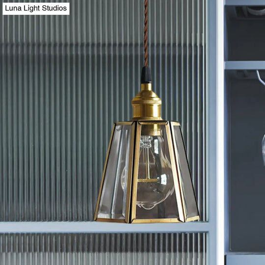 Hexagon Drop Pendant Light In Clear/Amber Glass - Antiqued Brass Finish 1 Head Bedside Hanging Lamp