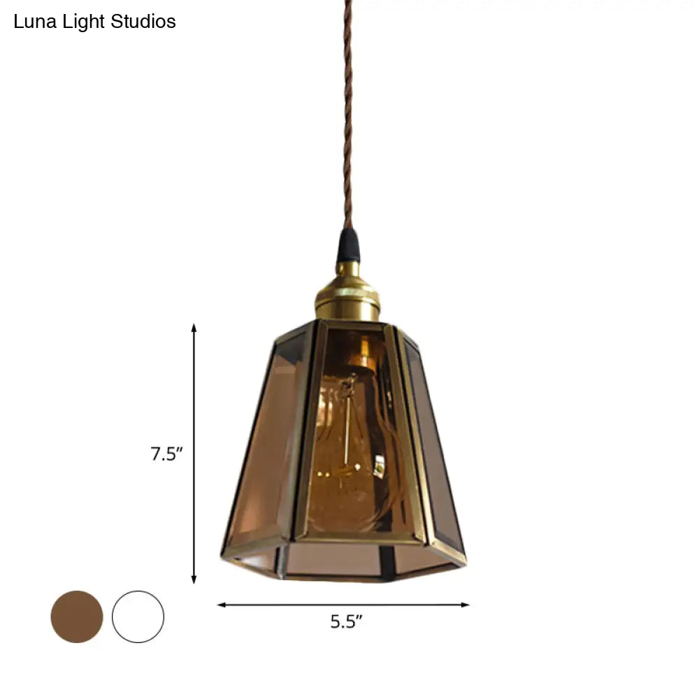 Hexagon Drop Pendant Light In Clear/Amber Glass - Antiqued Brass Finish 1 Head Bedside Hanging Lamp