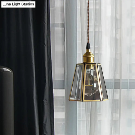 Hexagon Drop Pendant Light In Clear/Amber Glass - Antiqued Brass Finish 1 Head Bedside Hanging Lamp