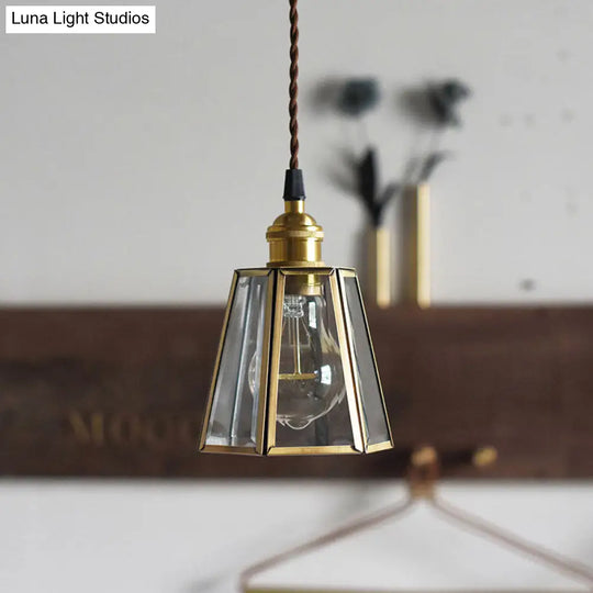 Hexagon Drop Pendant Light In Clear/Amber Glass - Antiqued Brass Finish 1 Head Bedside Hanging Lamp