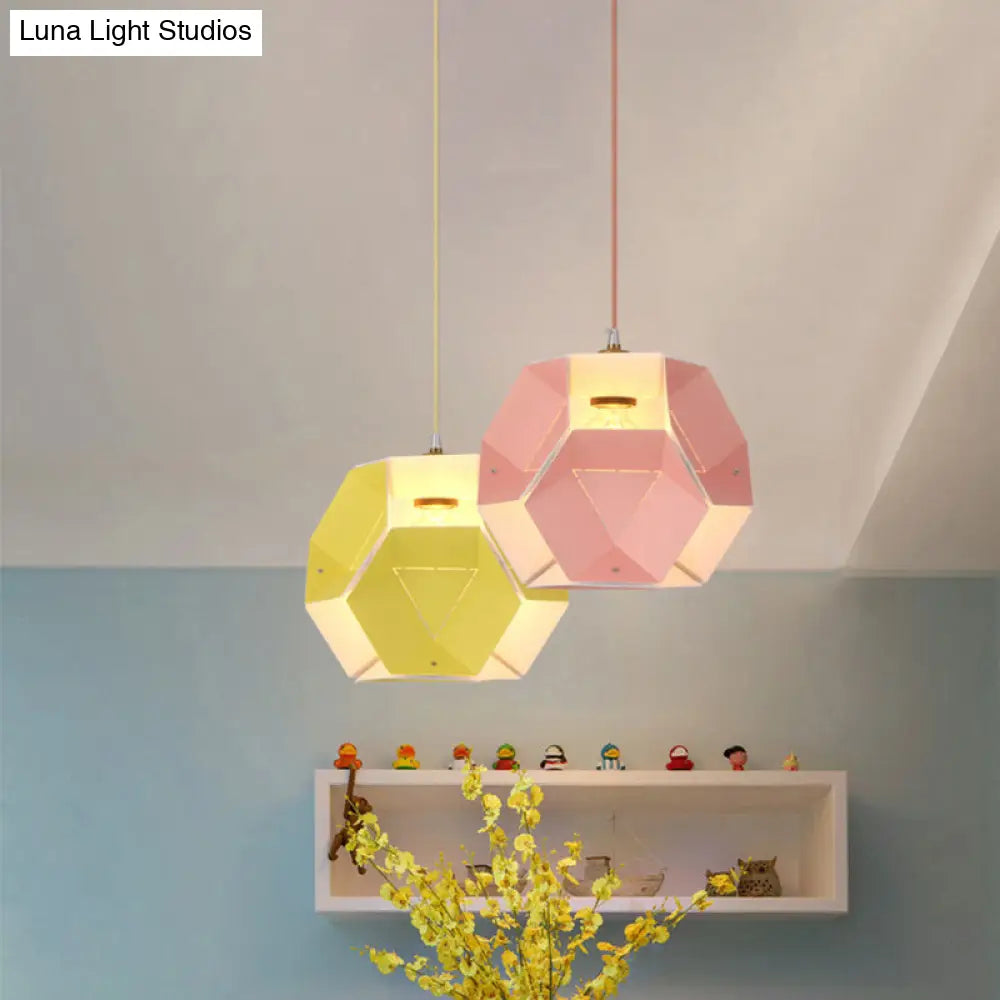 Hexagon Drop Pendant Macaron Ceiling Light In Yellow/Pink For Restaurant - 1-Light Iron Fixture
