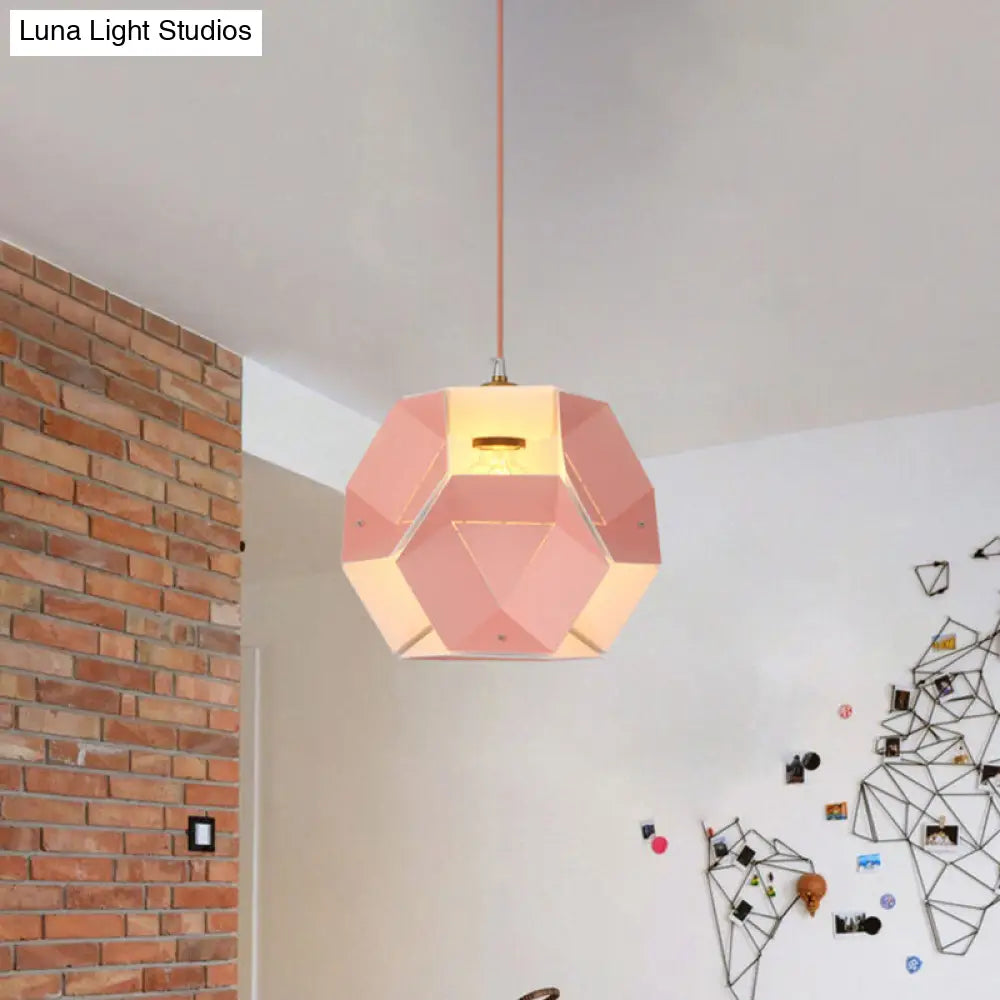 Hexagon Drop Pendant Macaron Ceiling Light In Yellow/Pink For Restaurant - 1-Light Iron Fixture Pink