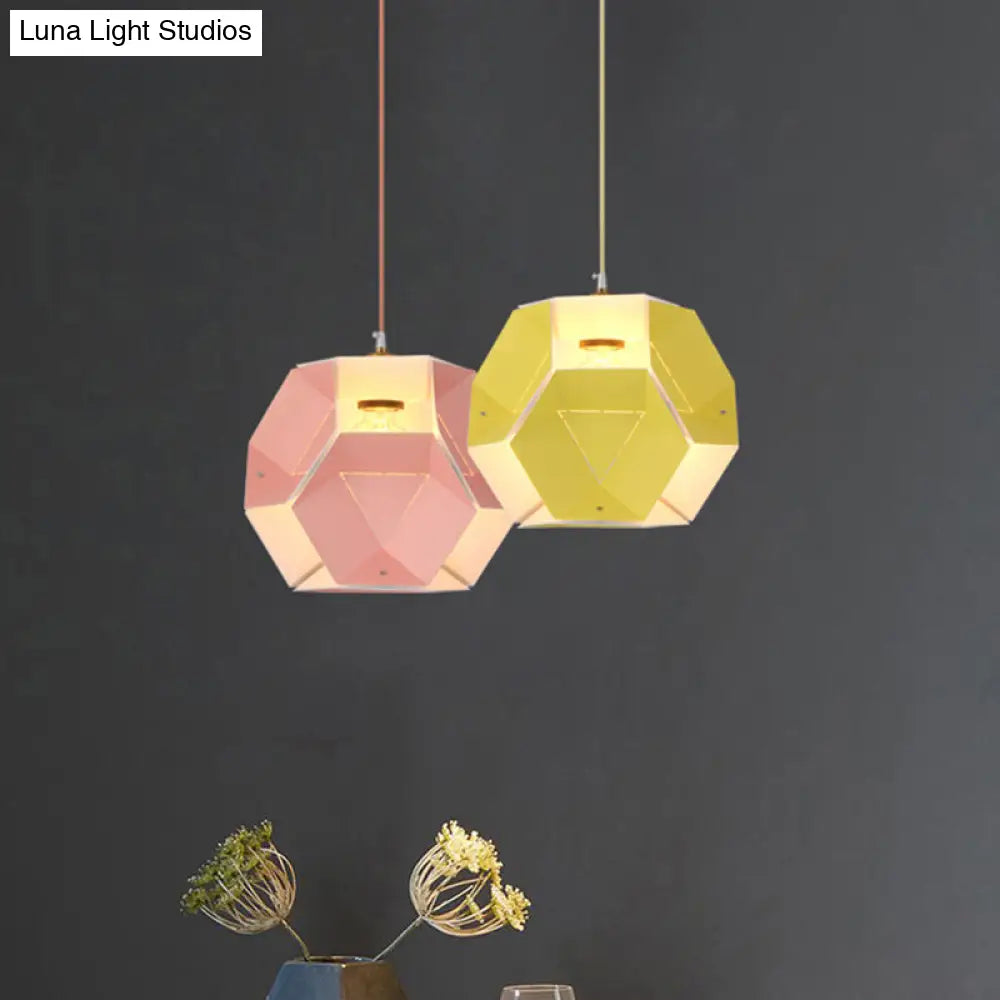 Hexagon Drop Pendant Macaron Ceiling Light In Yellow/Pink For Restaurant - 1-Light Iron Fixture