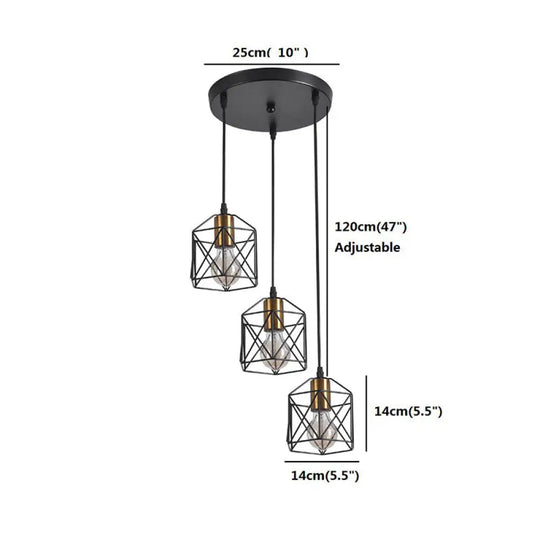 Hexagonal Cage Pendant Light With 3 Metal Shades - Perfect For Dining Room Ceiling Gold