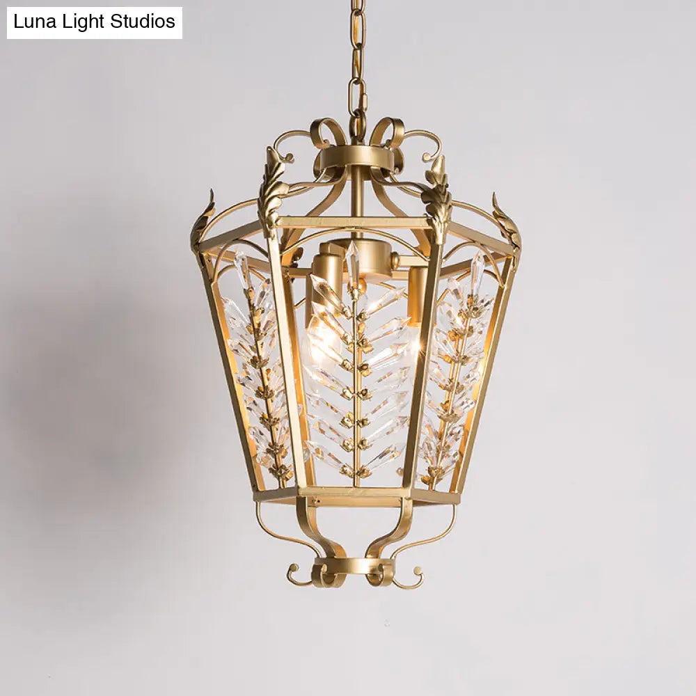 Hexagonal Pendant Chandelier: 3-Light Rustic Antiqued Gold Crystal Lighting For Living Room