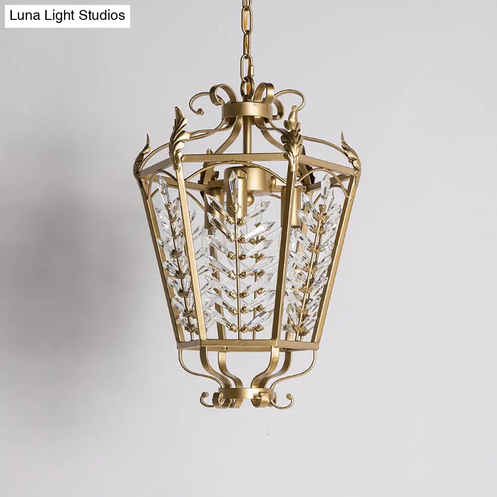 Hexagonal Pendant Chandelier: 3-Light Rustic Antiqued Gold Crystal Lighting For Living Room