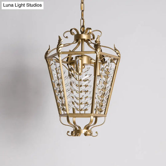 Hexagonal Pendant Chandelier: 3-Light Rustic Antiqued Gold Crystal Lighting For Living Room