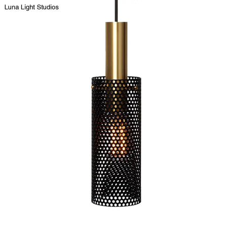 Hollow Design Cylinder Hanging Lamp - Black/White Metal Pendant With 1 Light
