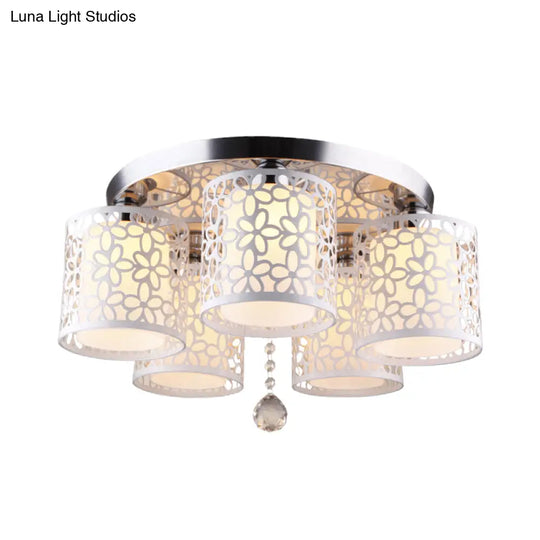 Hollow - Out Cylinder Ceiling Flush Mount With White Finish And Cream Glass Shade - Modern 5 - Head