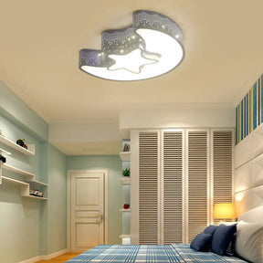 Hollow Star Moon Led Ceiling Lamp For Kids Room - Eye-Caring Cartoon Flush Mount Light Blue / White