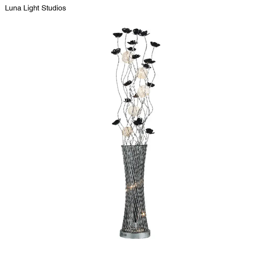 Hollowed Column Metal Led Curved Stick Floor Lamp With Decorative Rose Design And Dual-Tone Finish