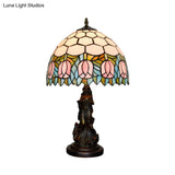 Honeycomb Shade Tiffany Bronze Stained Glass Nightstand Lamp With Rose Edge And Angel Base