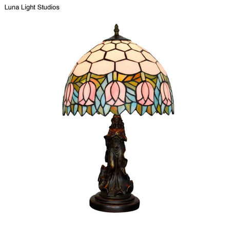 Honeycomb Shade Tiffany Bronze Stained Glass Nightstand Lamp With Rose Edge And Angel Base