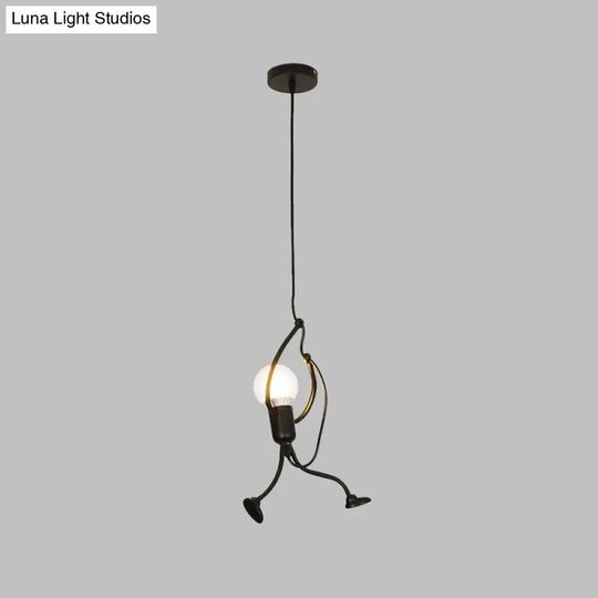 Human Shape Pendant Light: Black Finish Industrial Iron 1-Bulb For Restaurants