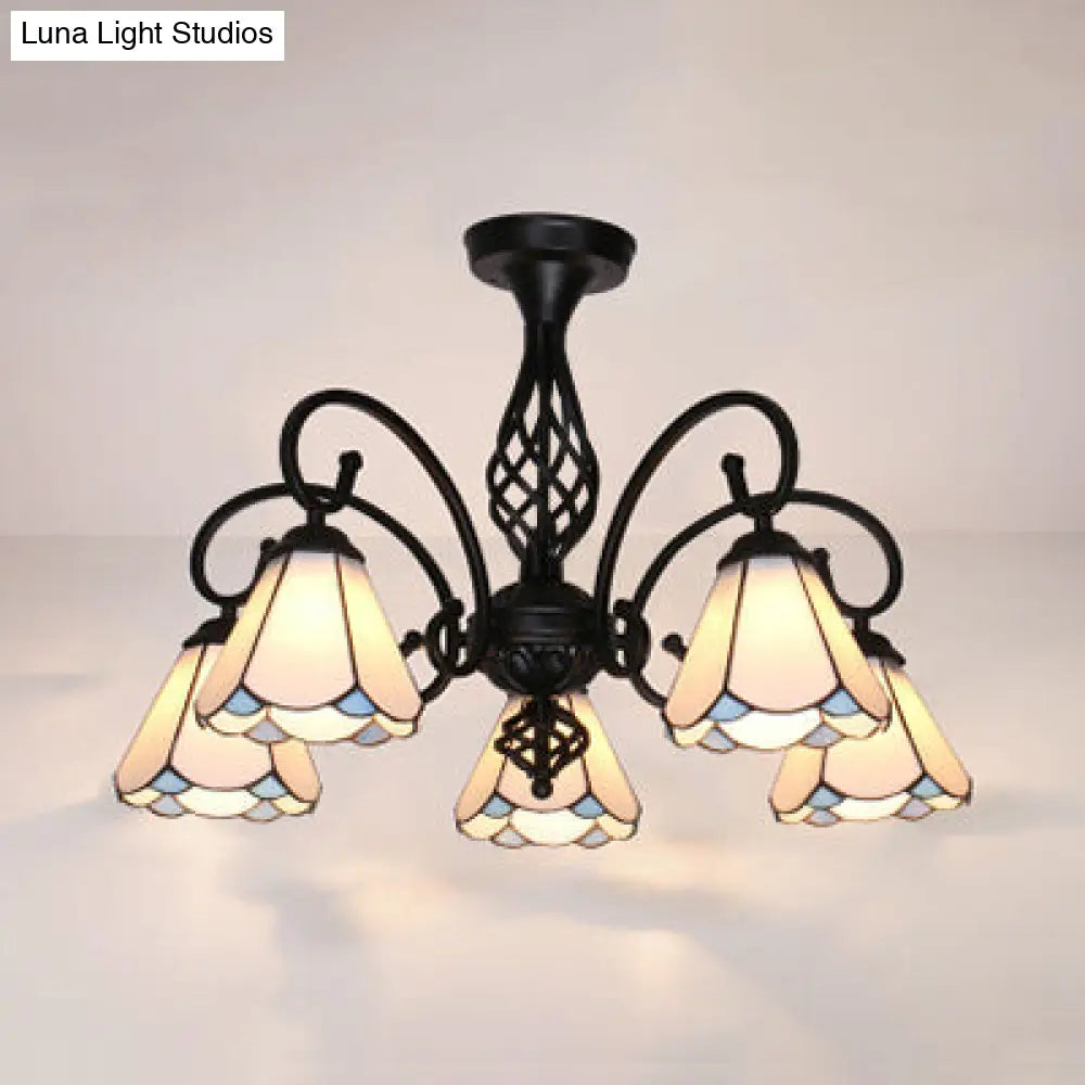 Indoor Stained Glass Semi Flush Mount Light - 5-Light Loft Tiffany Lighting In