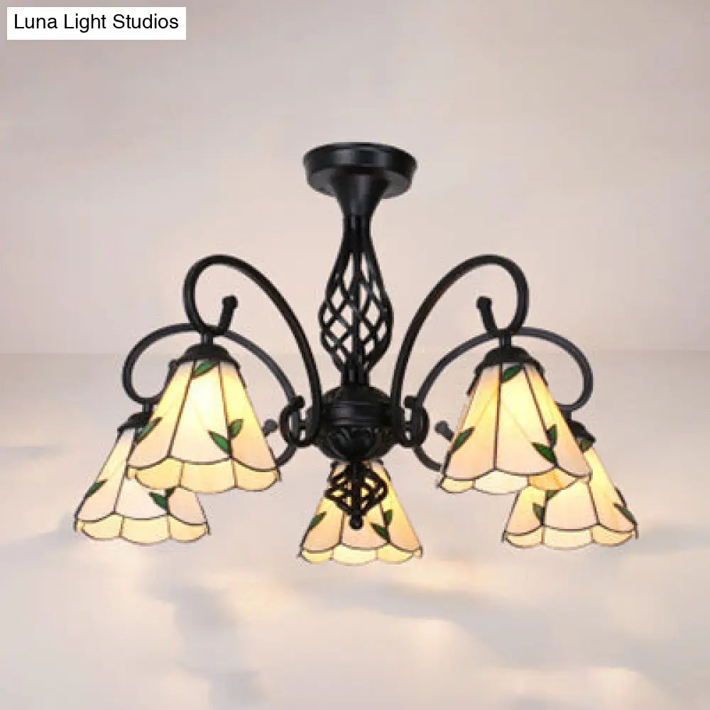 Indoor Stained Glass Semi Flush Mount Light - 5-Light Loft Tiffany Lighting In