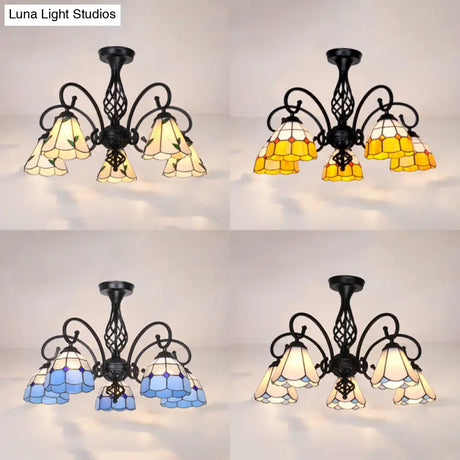 Indoor Stained Glass Semi Flush Mount Light - 5-Light Loft Tiffany Lighting In