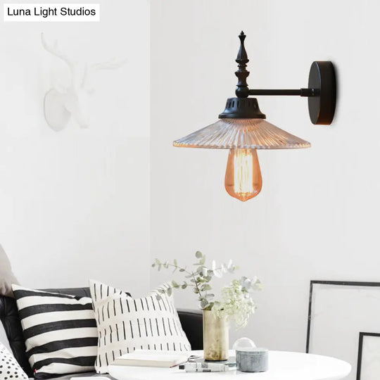 Industrial 1-Light Black Sconce With Clear/Green Glass Cone/Wide Flare For Living Room Wall