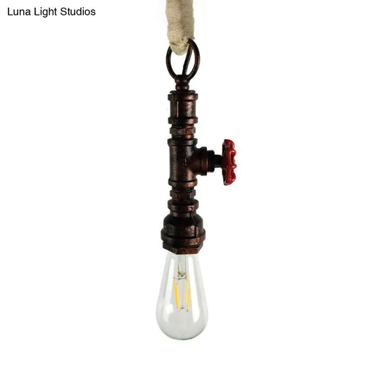 Industrial 1-Light Wrought Iron Pipe Pendant With Adjustable Rope - Aged Silver/Copper