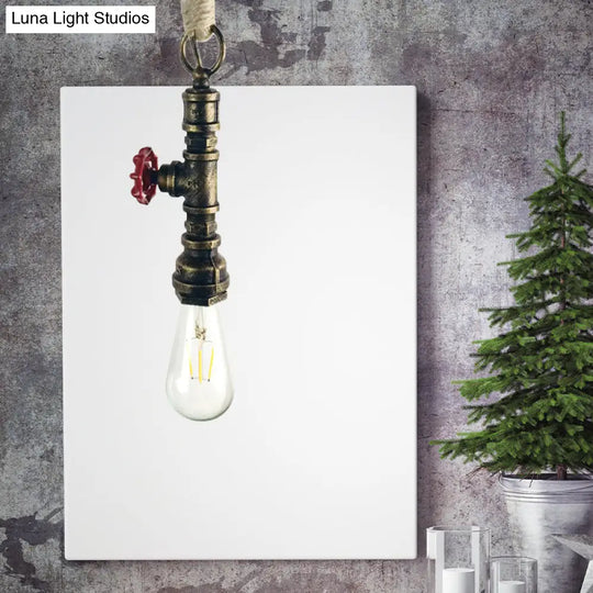 Industrial 1-Light Wrought Iron Pipe Pendant With Adjustable Rope - Aged Silver/Copper