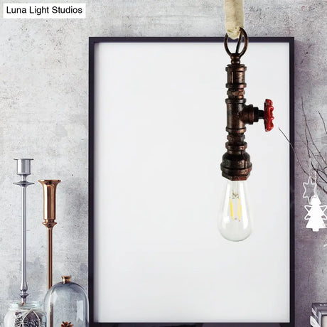 Industrial 1-Light Wrought Iron Pipe Pendant With Adjustable Rope - Aged Silver/Copper
