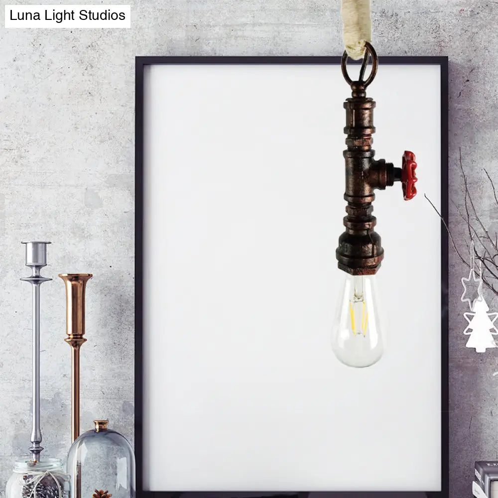 Industrial 1-Light Wrought Iron Pipe Pendant With Adjustable Rope - Aged Silver/Copper